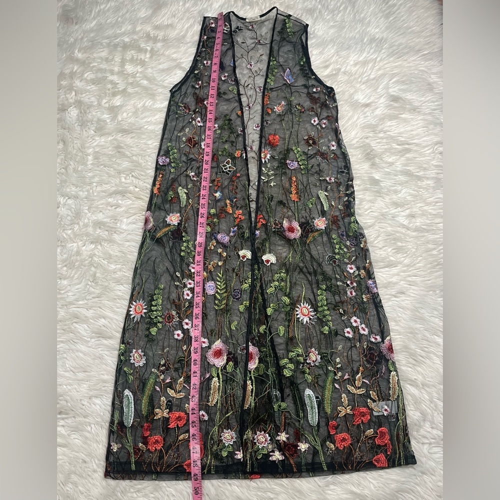 Black Sheer Embroidered Tulle Mesh Long Duster Floral Open Front Topper Vest - Picture 10 of 13